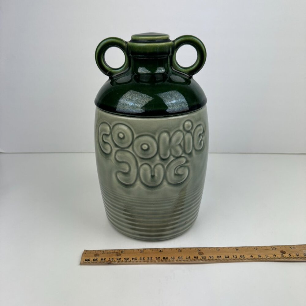 Vtg Cookie Jug Jar Two Tone Green McCoy w Lid Made in USA Model 213 Damaged Read